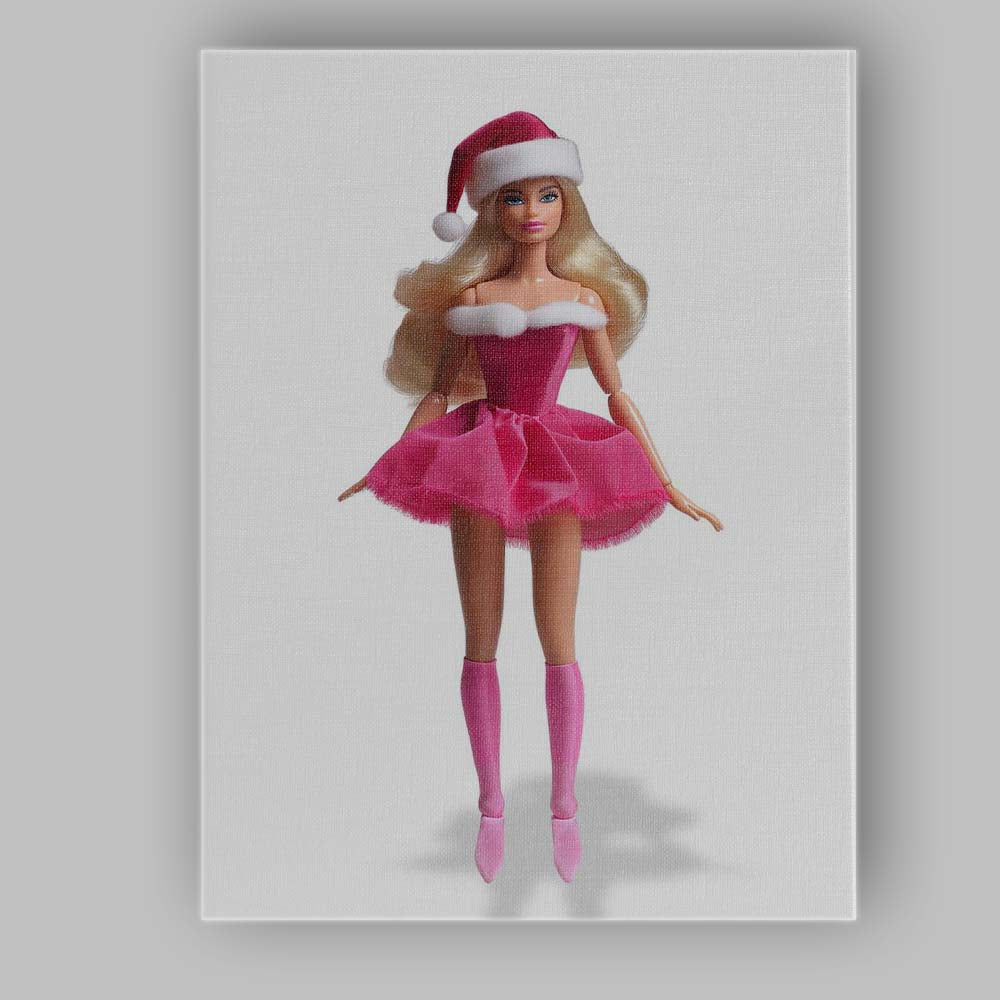 Pink Christmas Fashion Doll Santa Hat Glam Illustration Canvas Wall Art Print Decor Picture Ready to Hang
