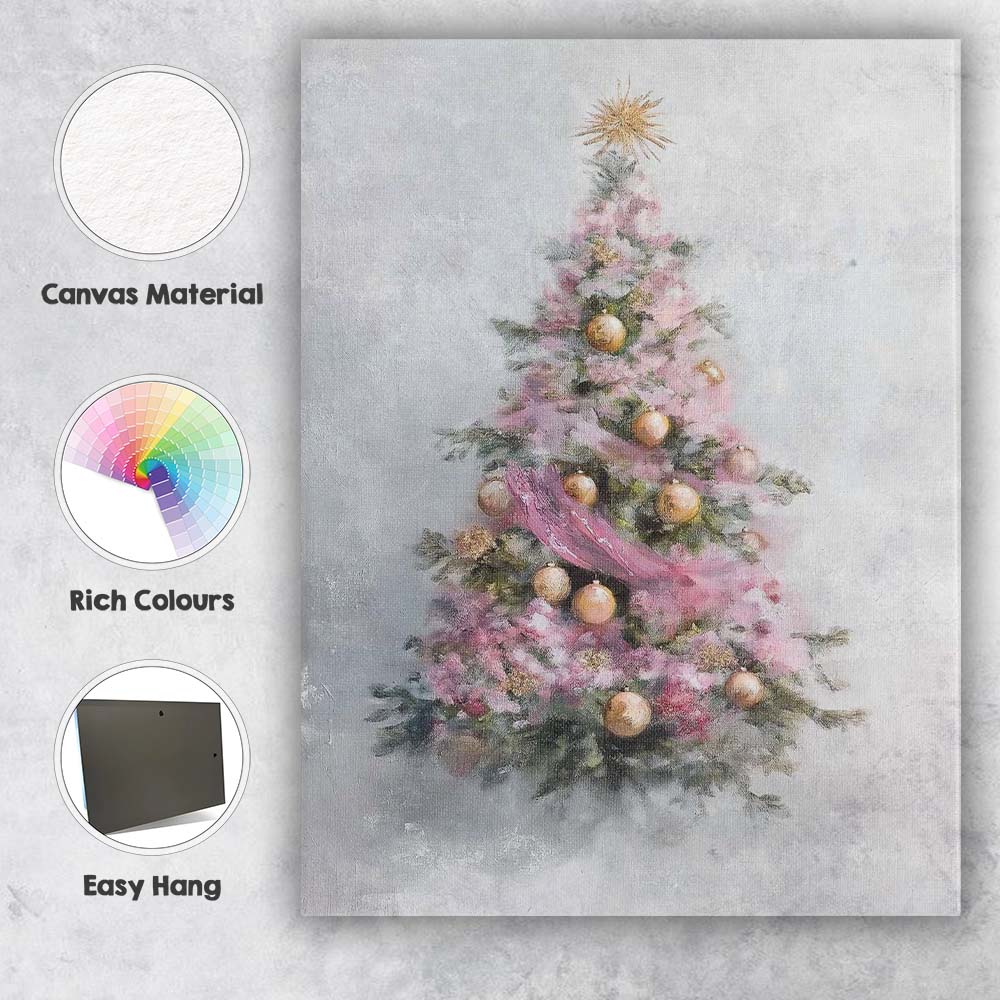 Pastel Pink Christmas Tree Gold Baubles Soft Painterly Canvas Wall Art Print Decor Picture Ready to Hang