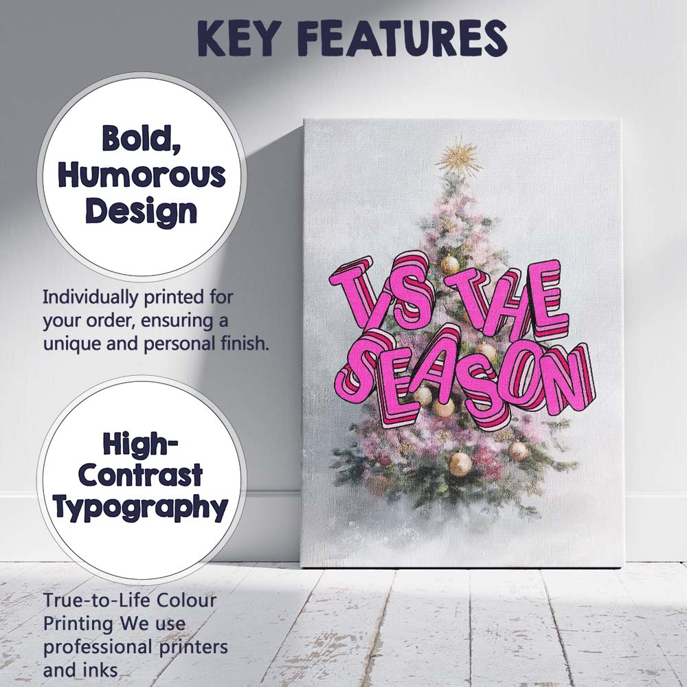 Tis The Season Pink Christmas Tree Retro Typography Canvas Wall Art Print Decor Picture Ready to Hang