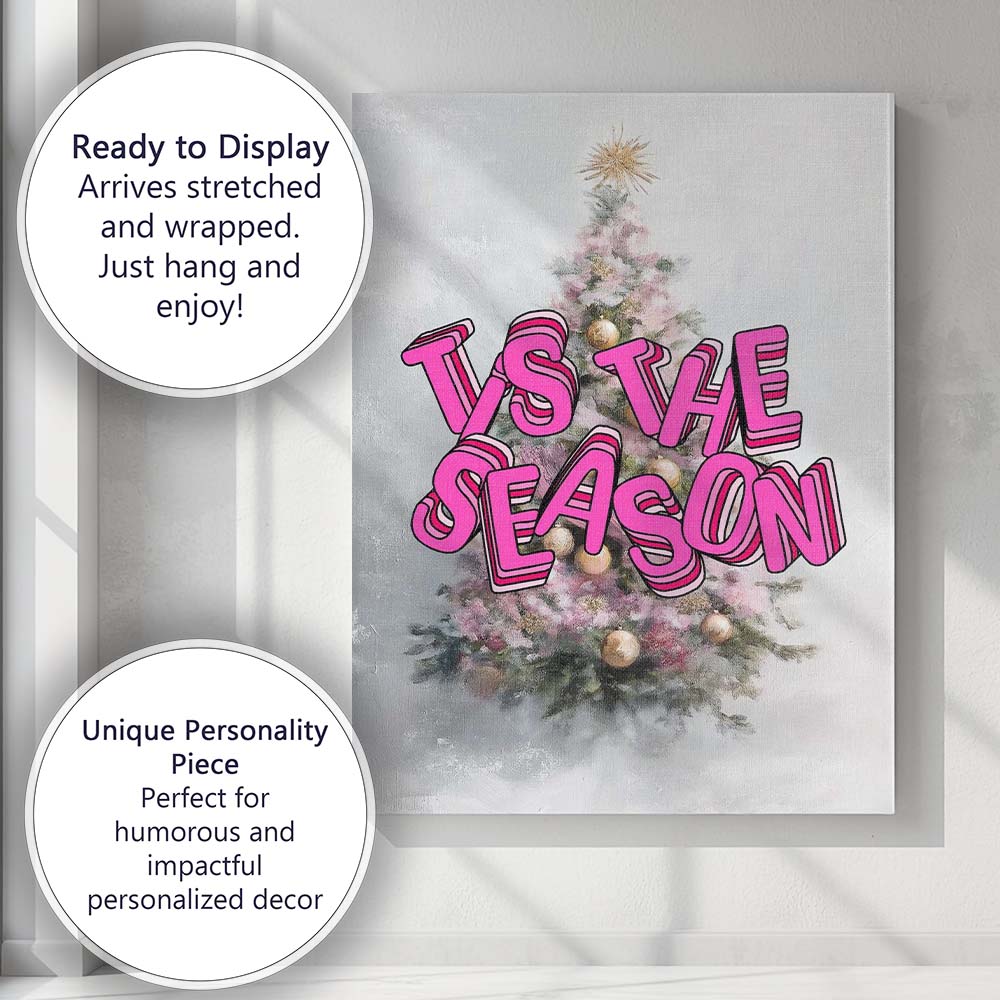Tis The Season Pink Christmas Tree Retro Typography Canvas Wall Art Print Decor Picture Ready to Hang