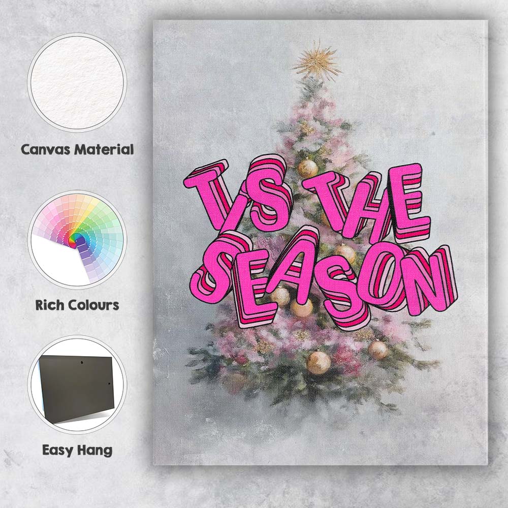 Tis The Season Pink Christmas Tree Retro Typography Canvas Wall Art Print Decor Picture Ready to Hang