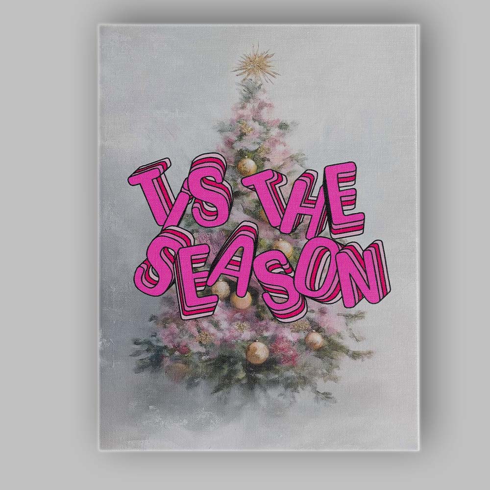 Tis The Season Pink Christmas Tree Retro Typography Canvas Wall Art Print Decor Picture Ready to Hang
