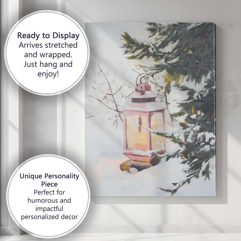 Pastel Pink Christmas Lantern Snow Covered Winter Forest Canvas Wall Art Print Decor Picture Ready to Hang
