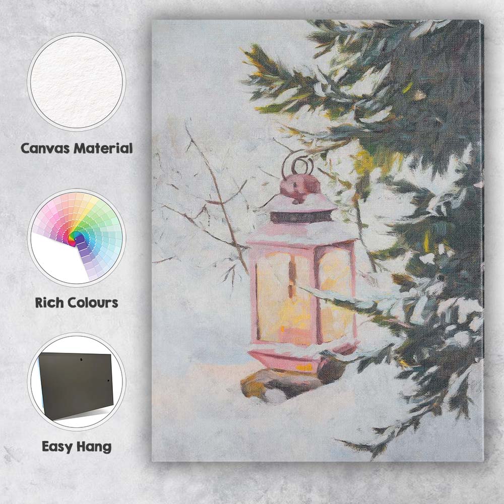 Pastel Pink Christmas Lantern Snow Covered Winter Forest Canvas Wall Art Print Decor Picture Ready to Hang