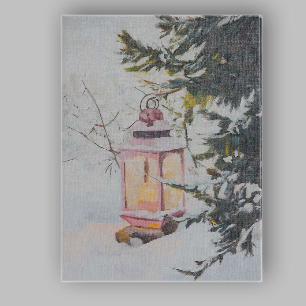Pastel Pink Christmas Lantern Snow Covered Winter Forest Canvas Wall Art Print Decor Picture Ready to Hang