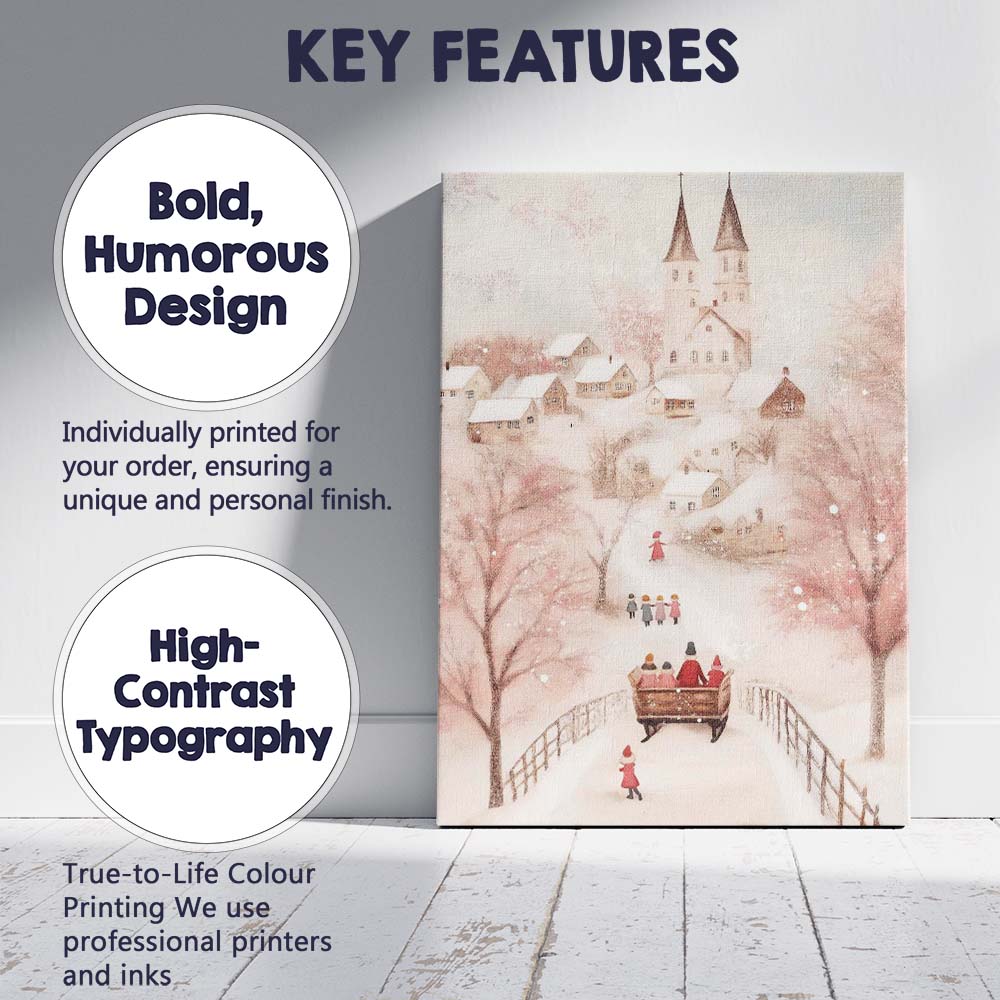 Pastel Pink Snowy Christmas Village Church Winter Wonderland Canvas Wall Art Print Decor Picture Ready to Hang