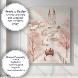 Pastel Pink Snowy Christmas Village Church Winter Wonderland Canvas Wall Art Print Decor Picture Ready to Hang