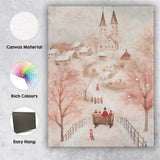 Pastel Pink Snowy Christmas Village Church Winter Wonderland Canvas Wall Art Print Decor Picture Ready to Hang