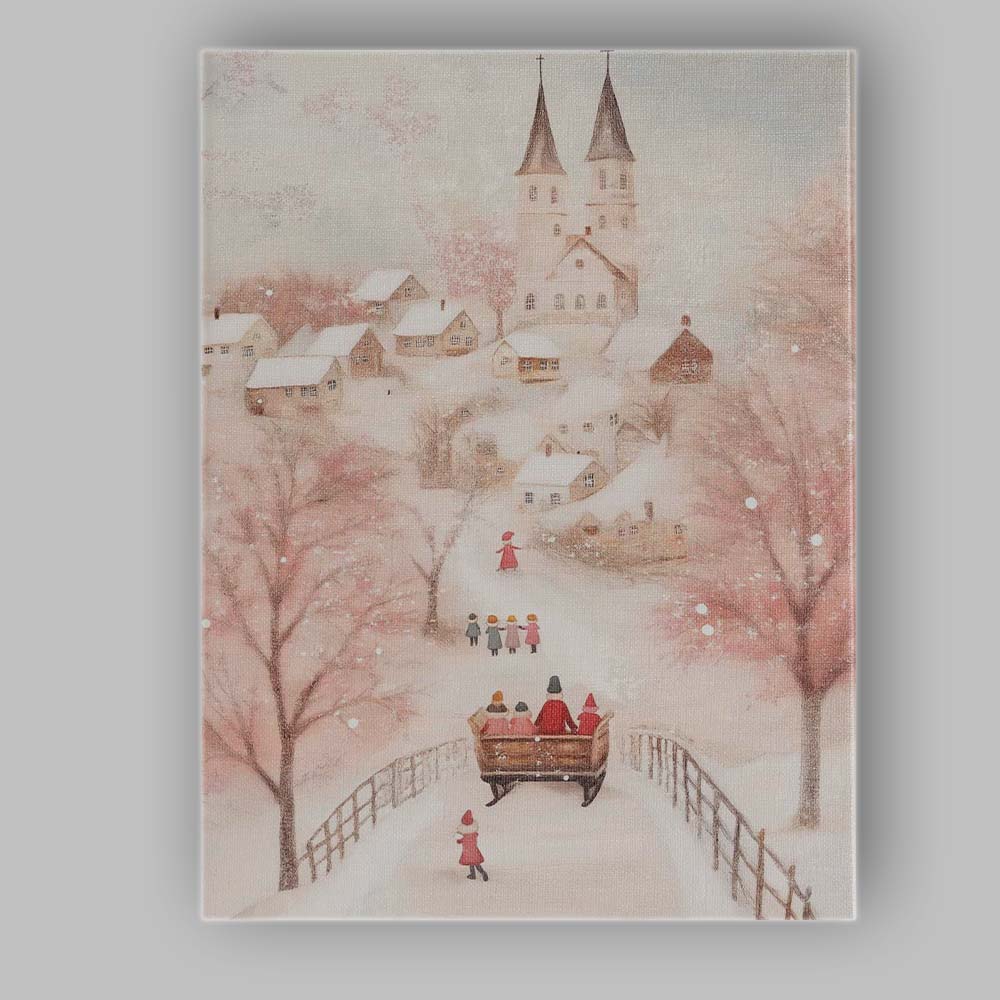 Pastel Pink Snowy Christmas Village Church Winter Wonderland Canvas Wall Art Print Decor Picture Ready to Hang