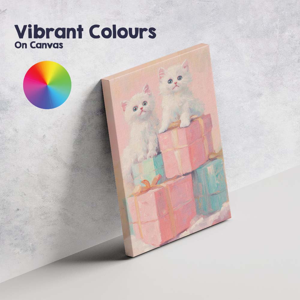 Cute White Kittens Sitting on Pastel Christmas Gift Boxes Canvas Wall Art Print Decor Picture Ready to Hang