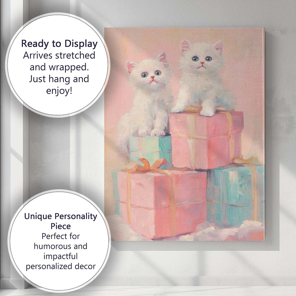 Cute White Kittens Sitting on Pastel Christmas Gift Boxes Canvas Wall Art Print Decor Picture Ready to Hang