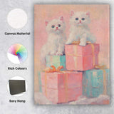 Cute White Kittens Sitting on Pastel Christmas Gift Boxes Canvas Wall Art Print Decor Picture Ready to Hang