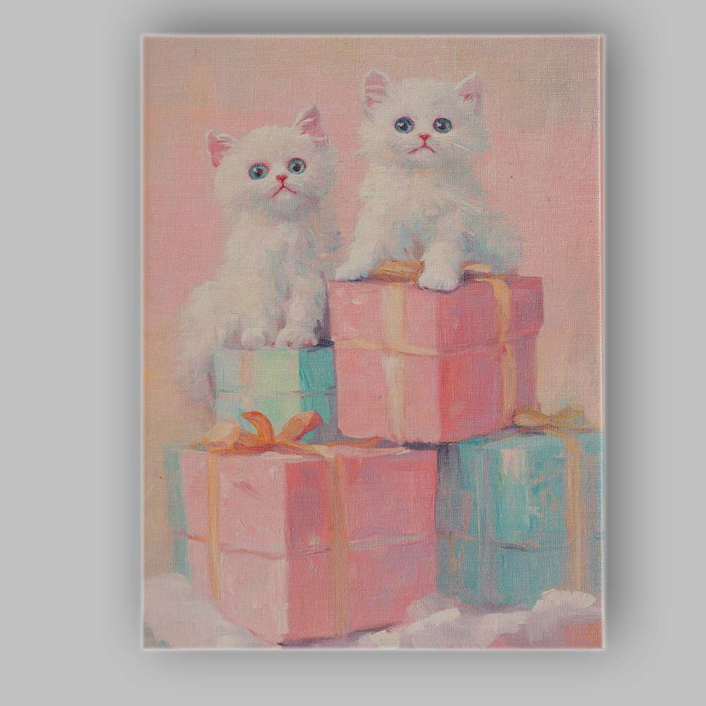 Cute White Kittens Sitting on Pastel Christmas Gift Boxes Canvas Wall Art Print Decor Picture Ready to Hang