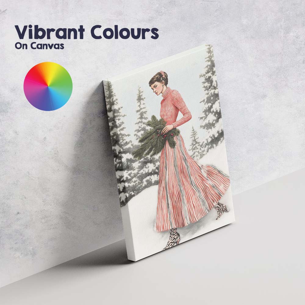 Elegant Lady in Pink Striped Winter Dress Christmas Forest Canvas Wall Art Print Decor Picture Ready to Hang
