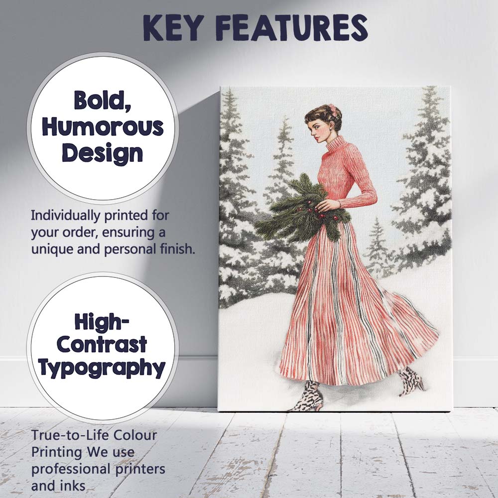 Elegant Lady in Pink Striped Winter Dress Christmas Forest Canvas Wall Art Print Decor Picture Ready to Hang