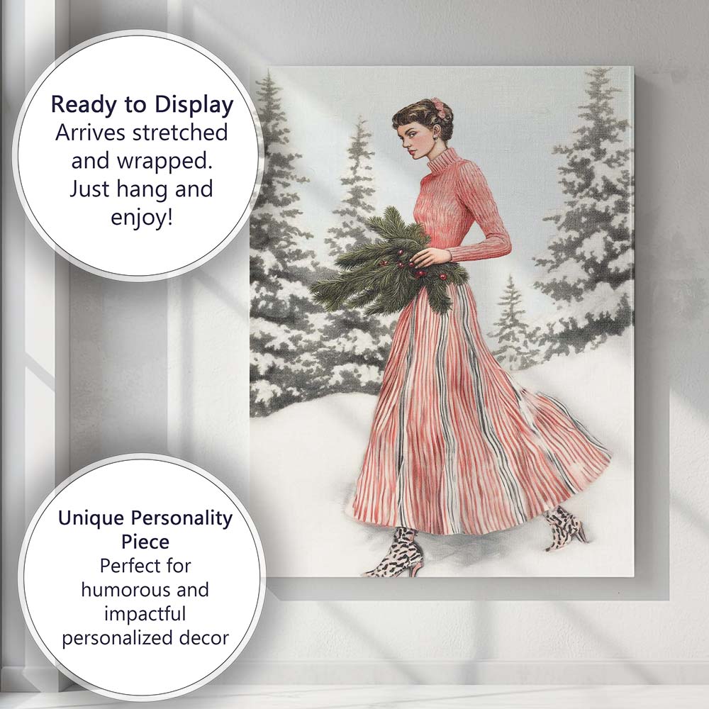Elegant Lady in Pink Striped Winter Dress Christmas Forest Canvas Wall Art Print Decor Picture Ready to Hang