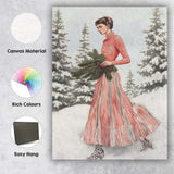 Elegant Lady in Pink Striped Winter Dress Christmas Forest Canvas Wall Art Print Decor Picture Ready to Hang