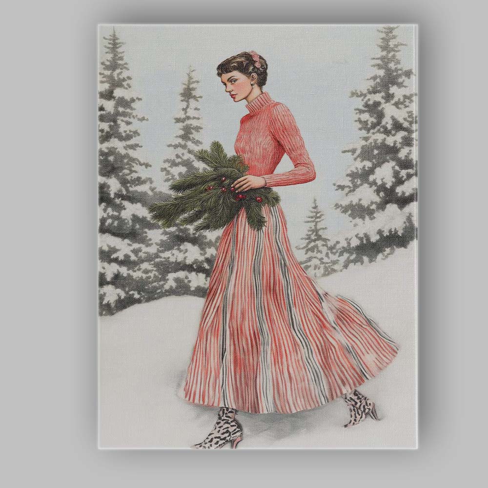 Elegant Lady in Pink Striped Winter Dress Christmas Forest Canvas Wall Art Print Decor Picture Ready to Hang