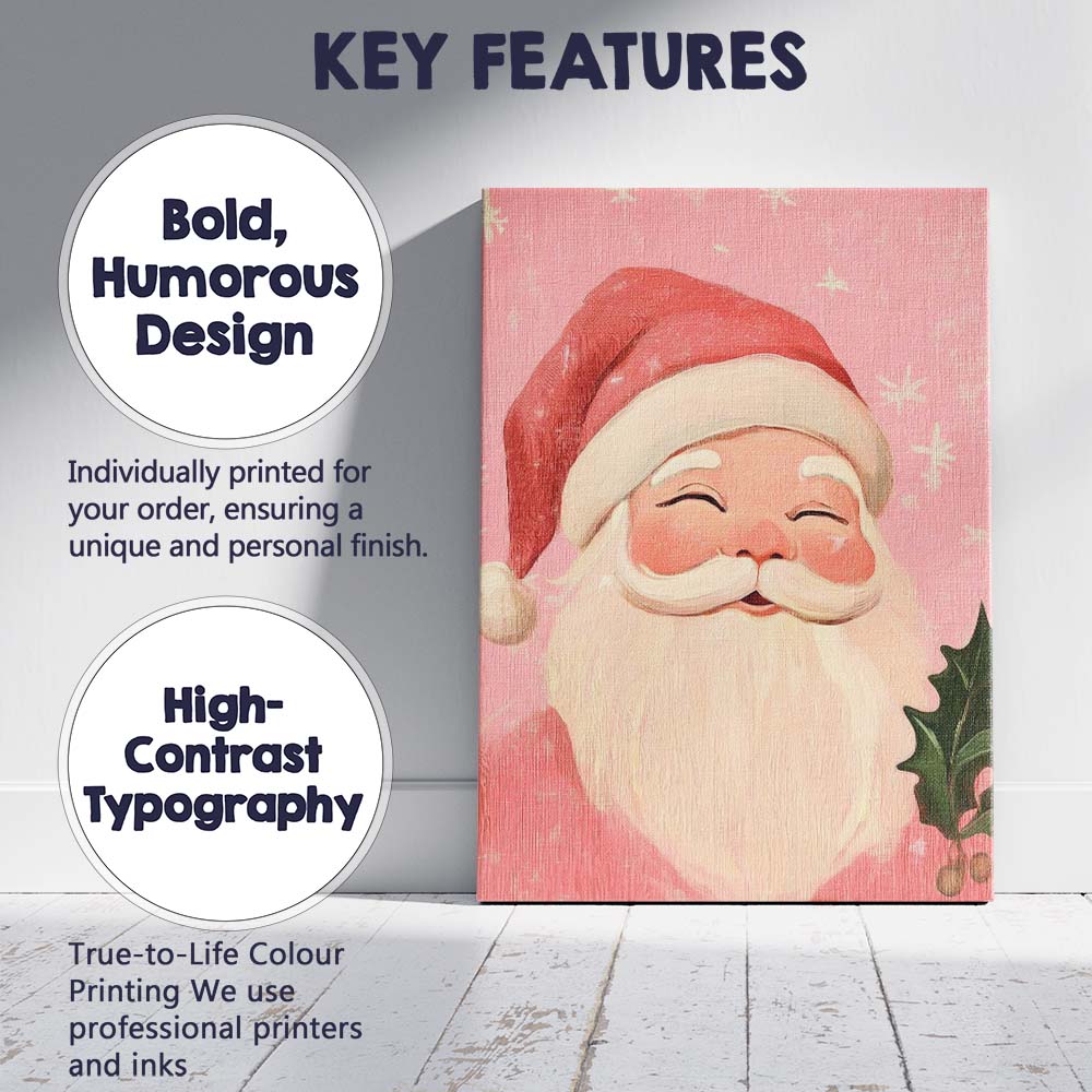 Cute Smiling Santa Claus Pink Christmas Portrait Canvas Wall Art Print Decor Picture Ready to Hang