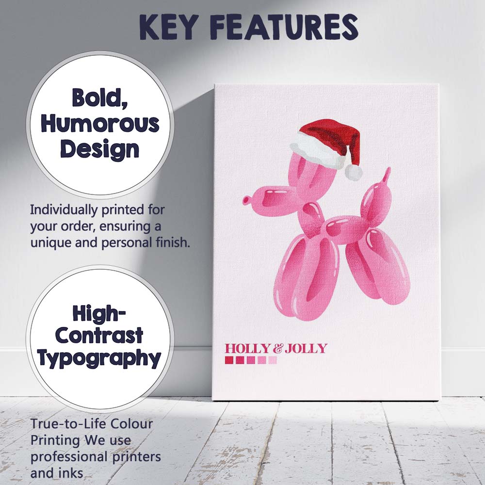 Pink Balloon Dog Holly and Jolly Christmas Typography Canvas Wall Art Print Decor Picture Ready to Hang