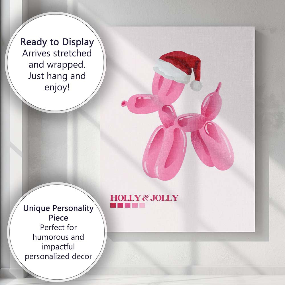 Pink Balloon Dog Holly and Jolly Christmas Typography Canvas Wall Art Print Decor Picture Ready to Hang