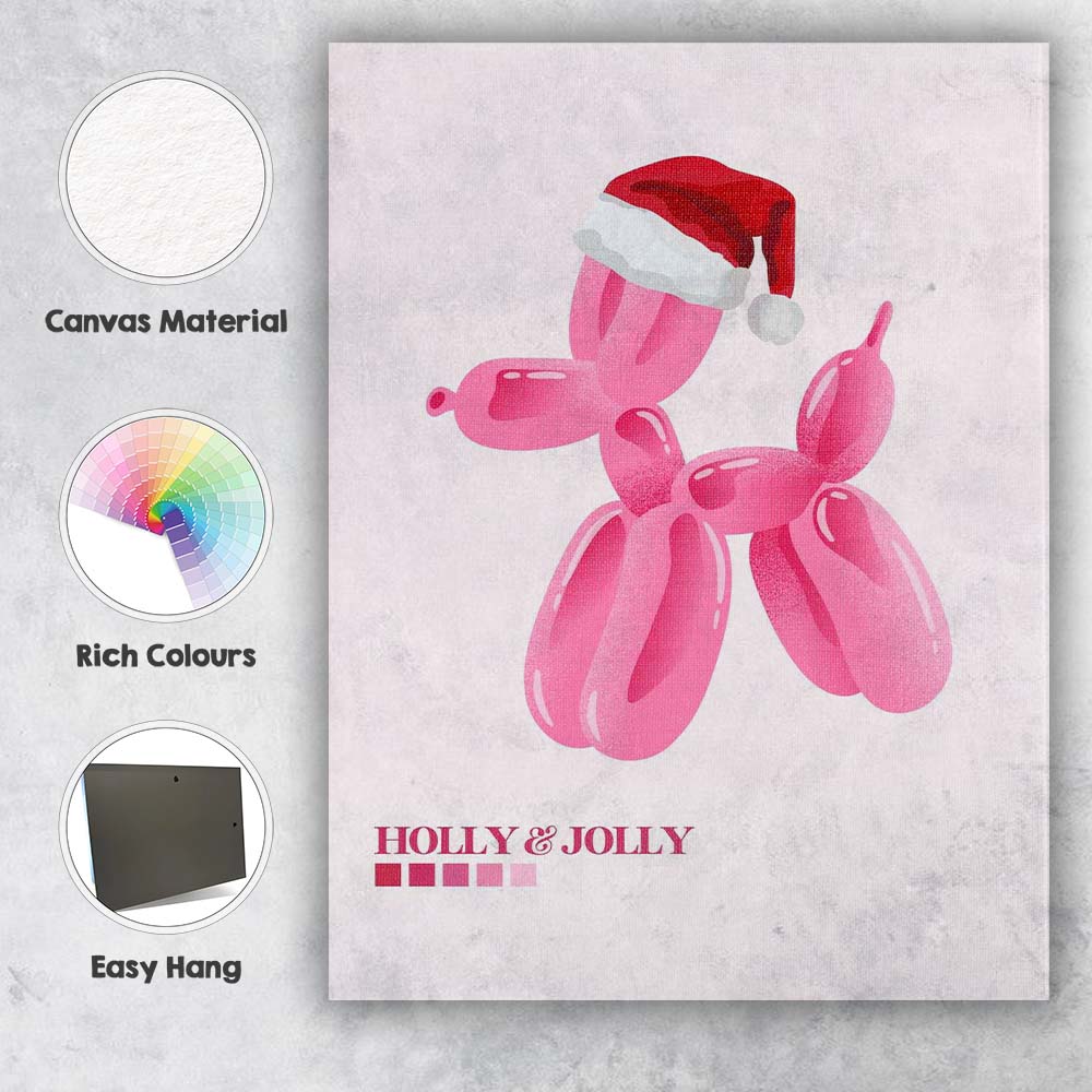 Pink Balloon Dog Holly and Jolly Christmas Typography Canvas Wall Art Print Decor Picture Ready to Hang