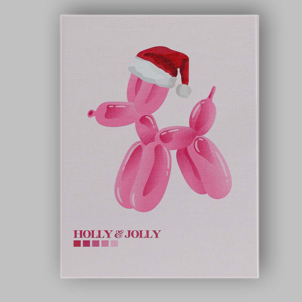 Pink Balloon Dog Holly and Jolly Christmas Typography Canvas Wall Art Print Decor Picture Ready to Hang