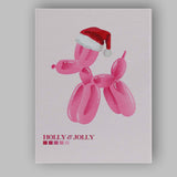 Pink Balloon Dog Holly and Jolly Christmas Typography Canvas Wall Art Print Decor Picture Ready to Hang