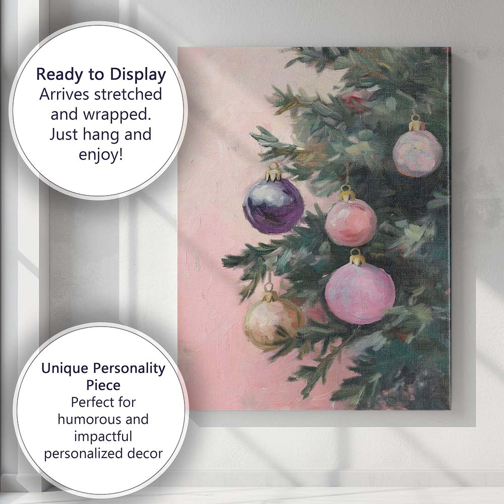 Pastel Pink Christmas Baubles Evergreen Tree Watercolour Canvas Wall Art Print Decor Picture Ready to Hang