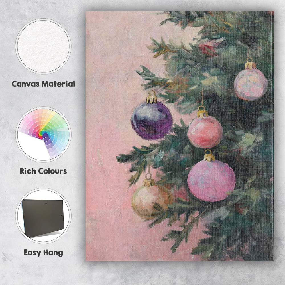 Pastel Pink Christmas Baubles Evergreen Tree Watercolour Canvas Wall Art Print Decor Picture Ready to Hang