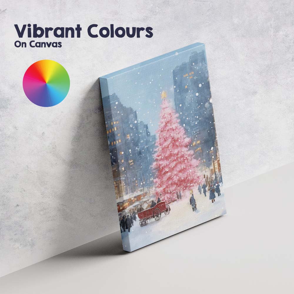 Pink Christmas Tree Snowy City Winter Wonderland Canvas Wall Art Print Decor Picture Ready to Hang