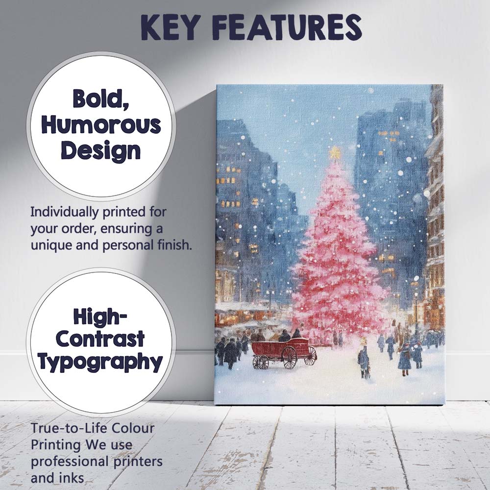 Pink Christmas Tree Snowy City Winter Wonderland Canvas Wall Art Print Decor Picture Ready to Hang