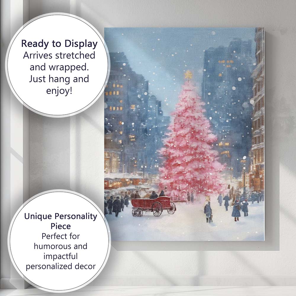 Pink Christmas Tree Snowy City Winter Wonderland Canvas Wall Art Print Decor Picture Ready to Hang