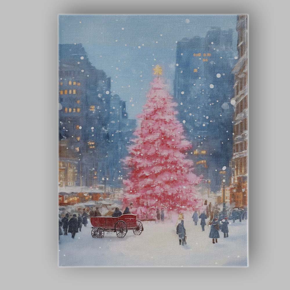 Pink Christmas Tree Snowy City Winter Wonderland Canvas Wall Art Print Decor Picture Ready to Hang