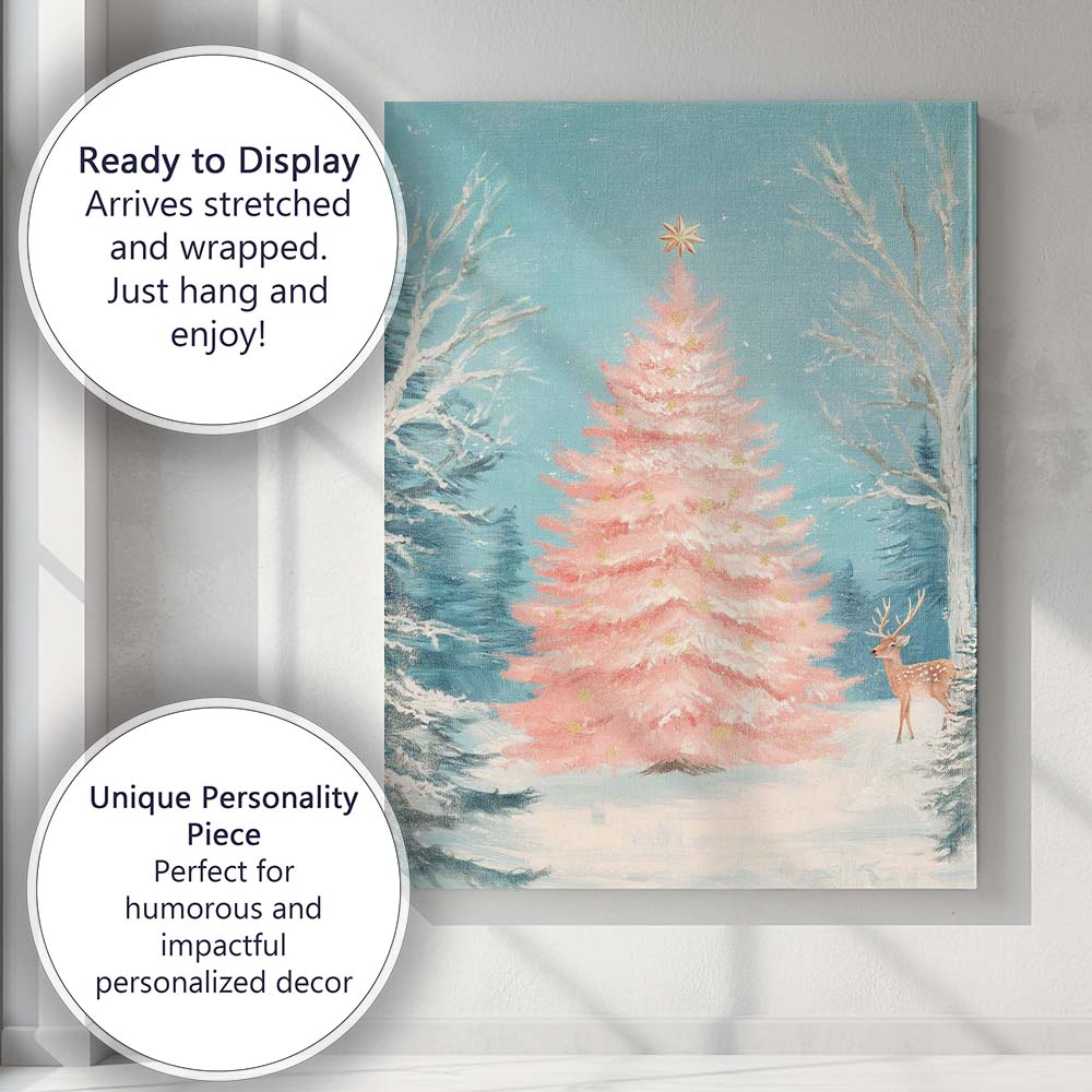 Pastel Pink Christmas Tree Winter Forest Deer Landscape Canvas Wall Art Print Decor Picture Ready to Hang