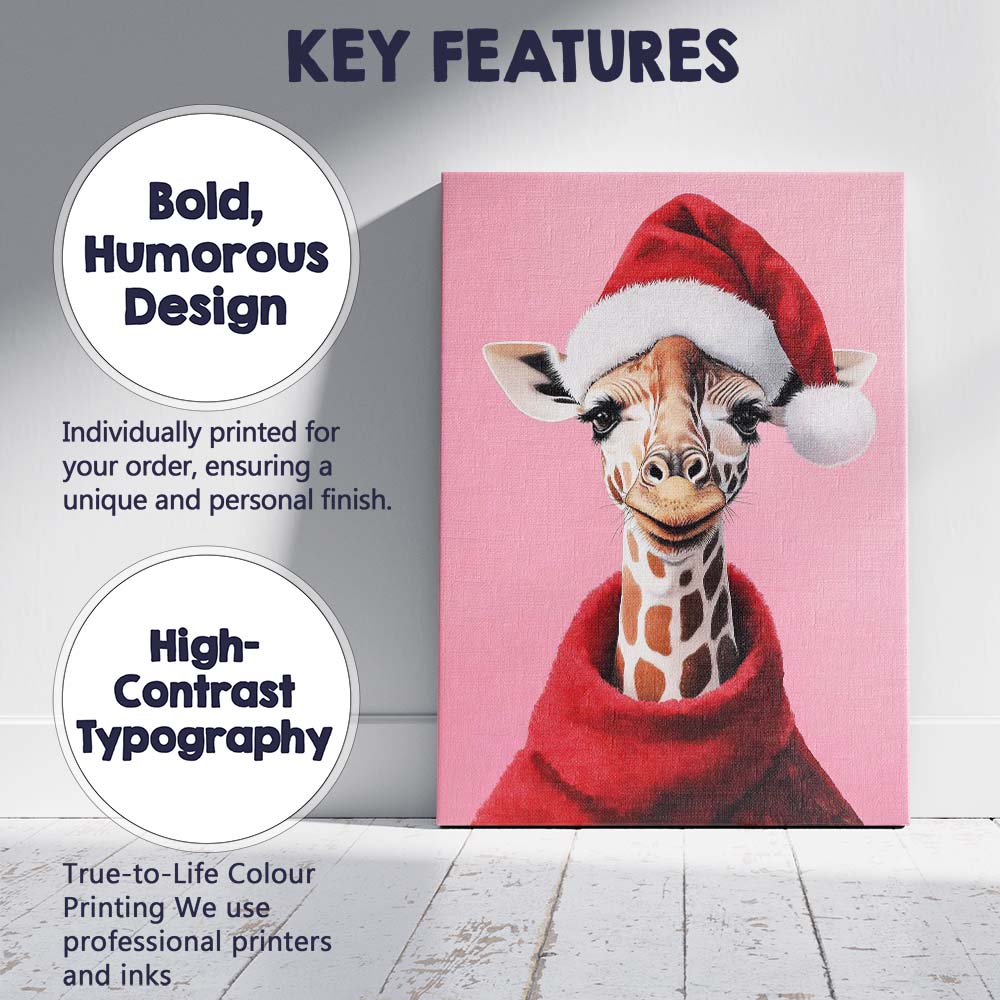 Cute Christmas Giraffe Santa Hat Pink Portrait Canvas Wall Art Print Decor Picture Ready to Hang