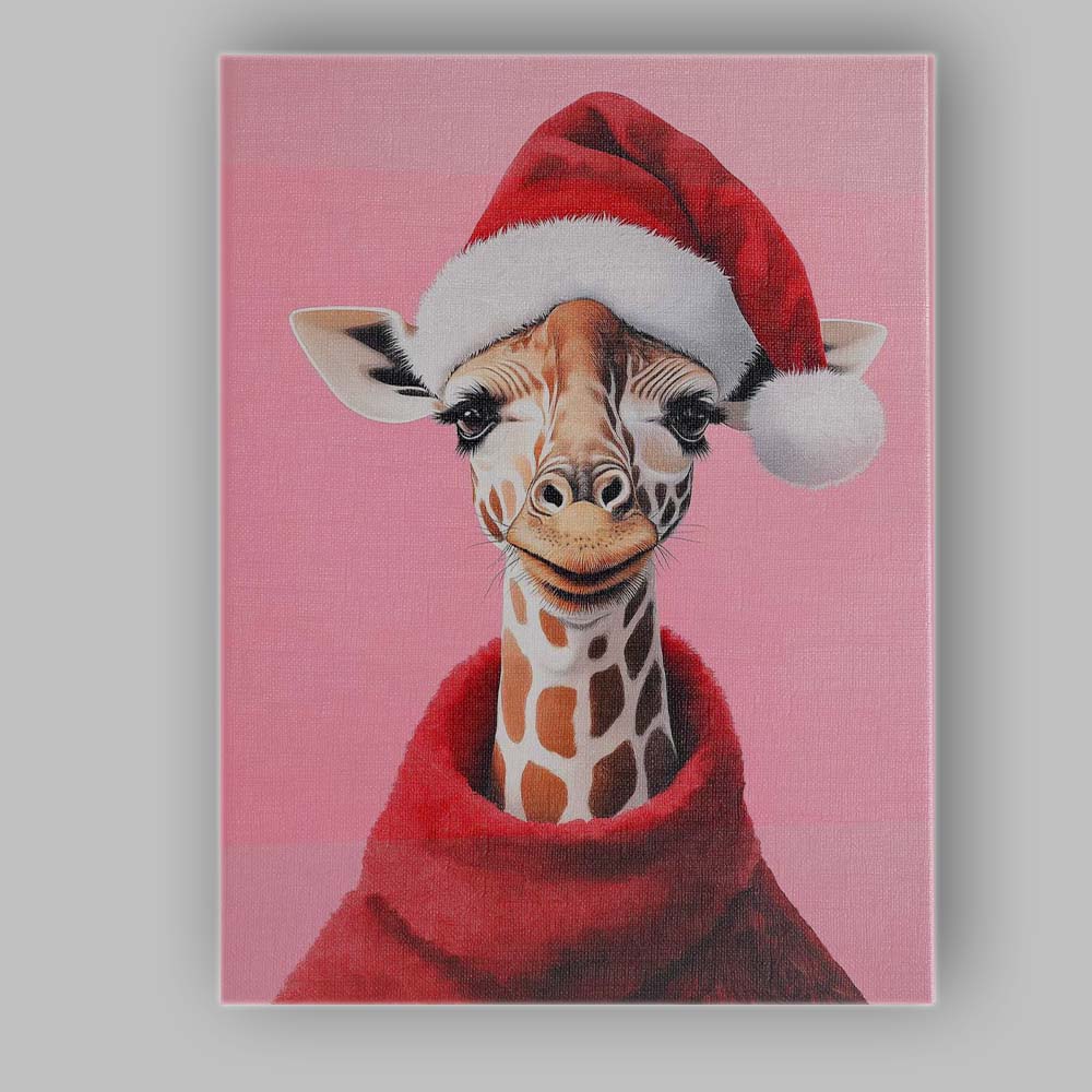 Cute Christmas Giraffe Santa Hat Pink Portrait Canvas Wall Art Print Decor Picture Ready to Hang