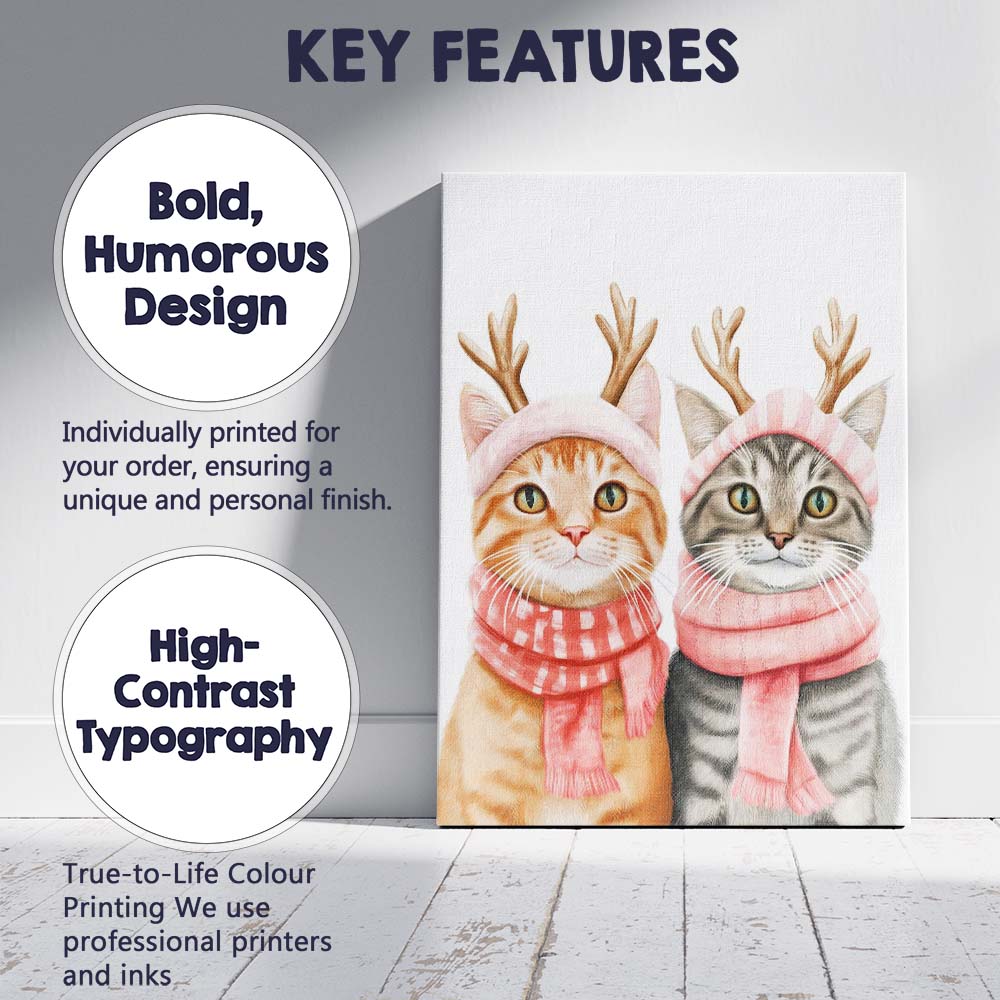 Festive Christmas Cats Reindeer Antlers Pink Scarf Illustration Canvas Wall Art Print Decor Picture Ready to Hang