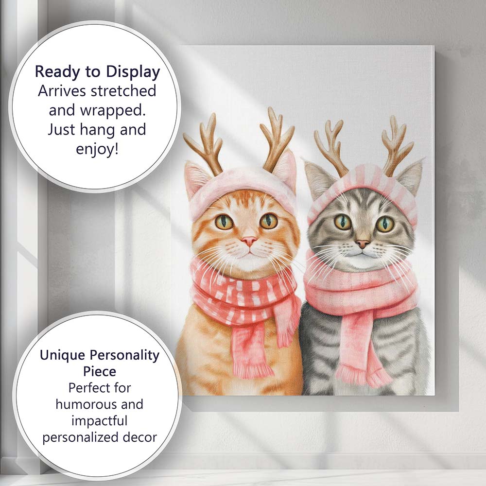 Festive Christmas Cats Reindeer Antlers Pink Scarf Illustration Canvas Wall Art Print Decor Picture Ready to Hang
