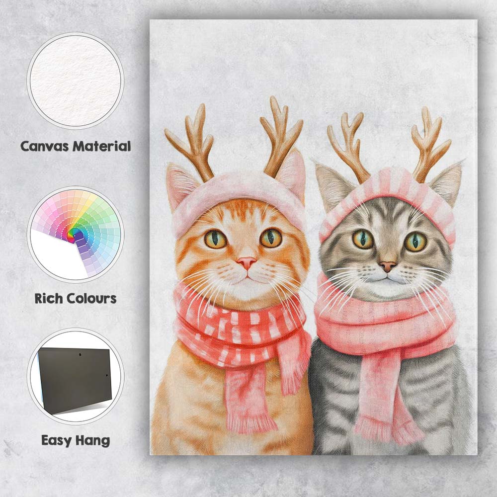 Festive Christmas Cats Reindeer Antlers Pink Scarf Illustration Canvas Wall Art Print Decor Picture Ready to Hang