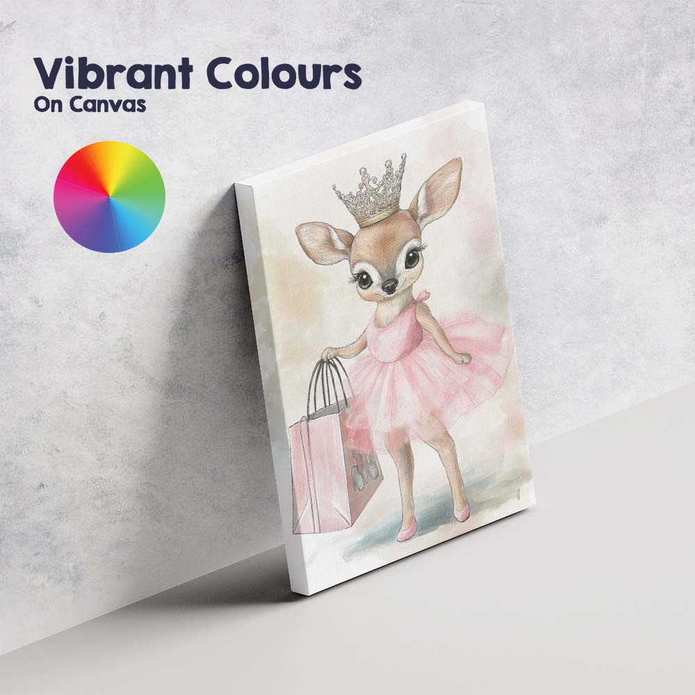 Cute Princess Fawn Pink Tutu Shopping Watercolour Canvas Wall Art Print Decor Picture Ready to Hang