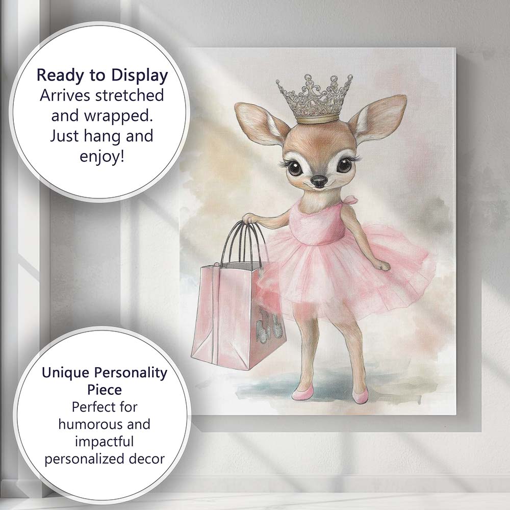 Cute Princess Fawn Pink Tutu Shopping Watercolour Canvas Wall Art Print Decor Picture Ready to Hang