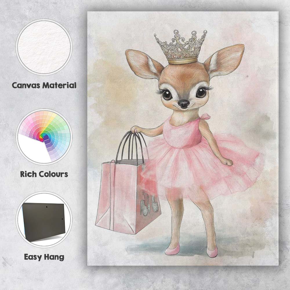 Cute Princess Fawn Pink Tutu Shopping Watercolour Canvas Wall Art Print Decor Picture Ready to Hang