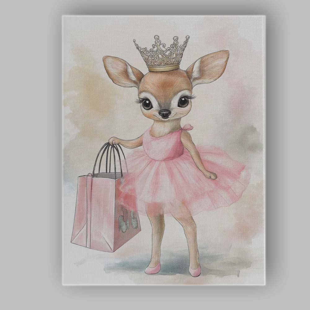 Cute Princess Fawn Pink Tutu Shopping Watercolour Canvas Wall Art Print Decor Picture Ready to Hang