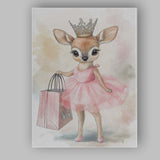 Cute Princess Fawn Pink Tutu Shopping Watercolour Canvas Wall Art Print Decor Picture Ready to Hang
