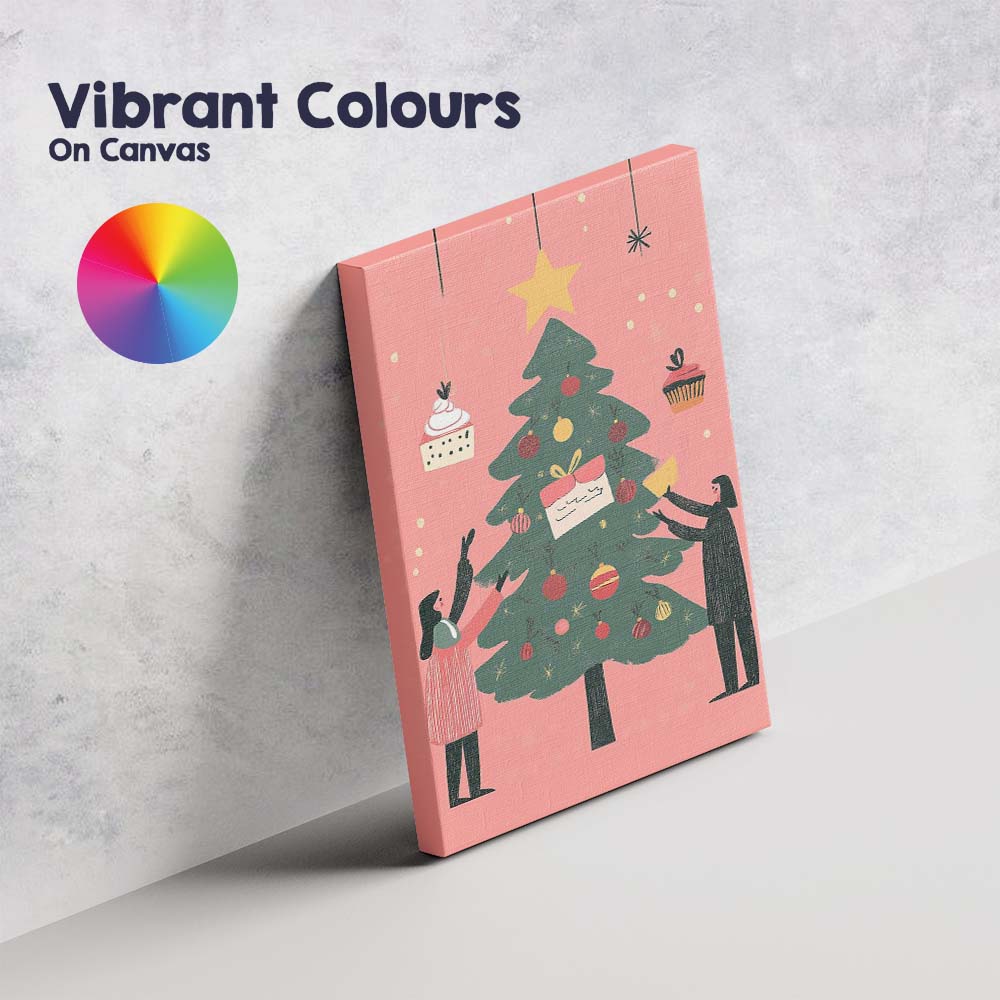 Scandinavian Christmas Tree Decorating Festive Family Illustration Canvas Wall Art Print Decor Picture Ready to Hang