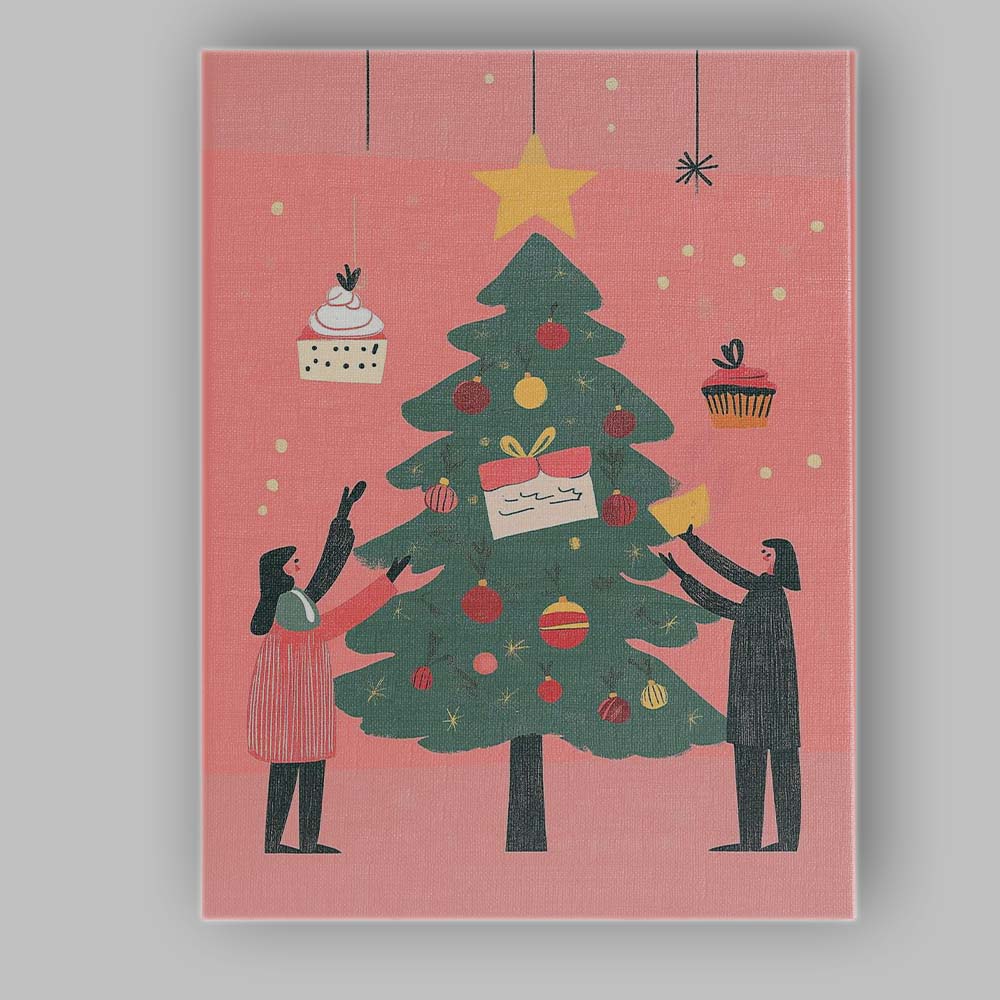 Scandinavian Christmas Tree Decorating Festive Family Illustration Canvas Wall Art Print Decor Picture Ready to Hang