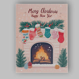 Cosy Christmas Fireplace Hanging Stockings Holiday Greeting Illustration Canvas Wall Art Print Decor Picture Ready to Hang