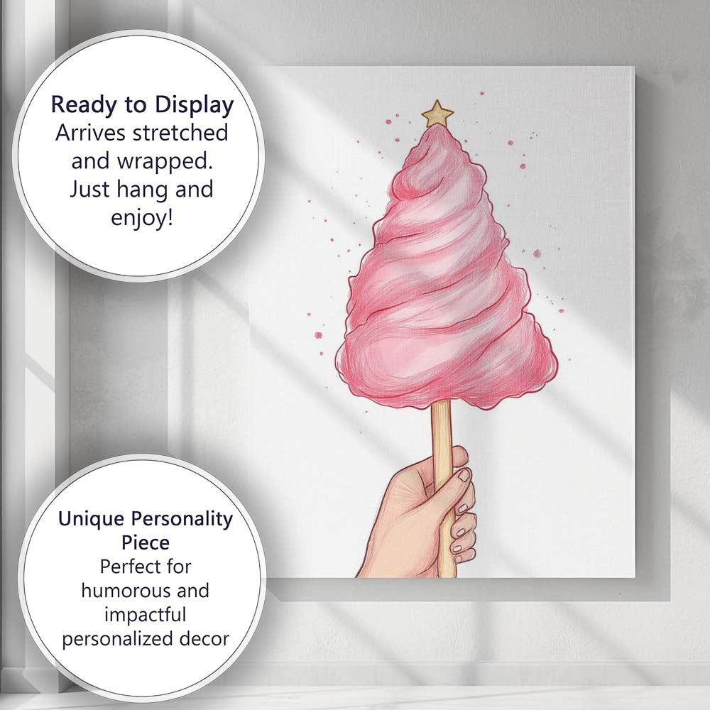 Whimsical Pink Candy Floss Christmas Tree Sweet Treat Illustration Canvas Wall Art Print Decor Picture Ready to Hang