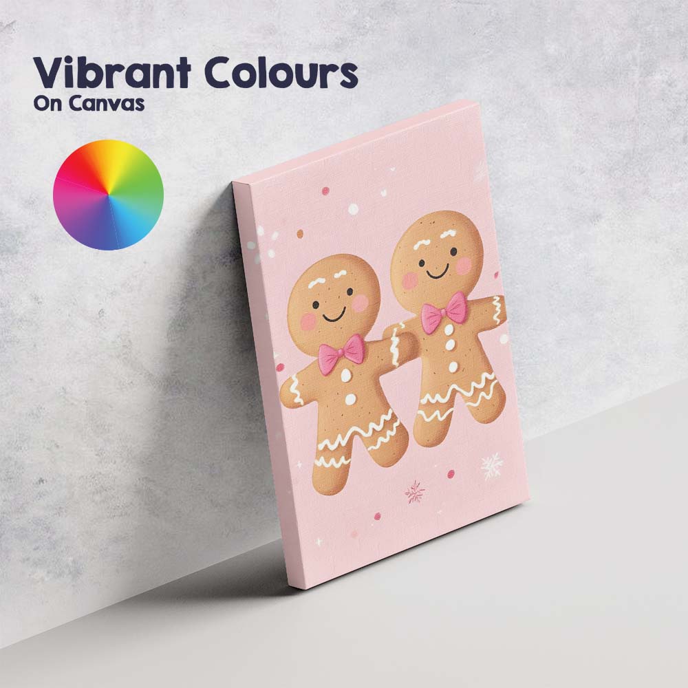 Cute Pink Gingerbread Couple Christmas Cookie Illustration Canvas Wall Art Print Decor Picture Ready to Hang